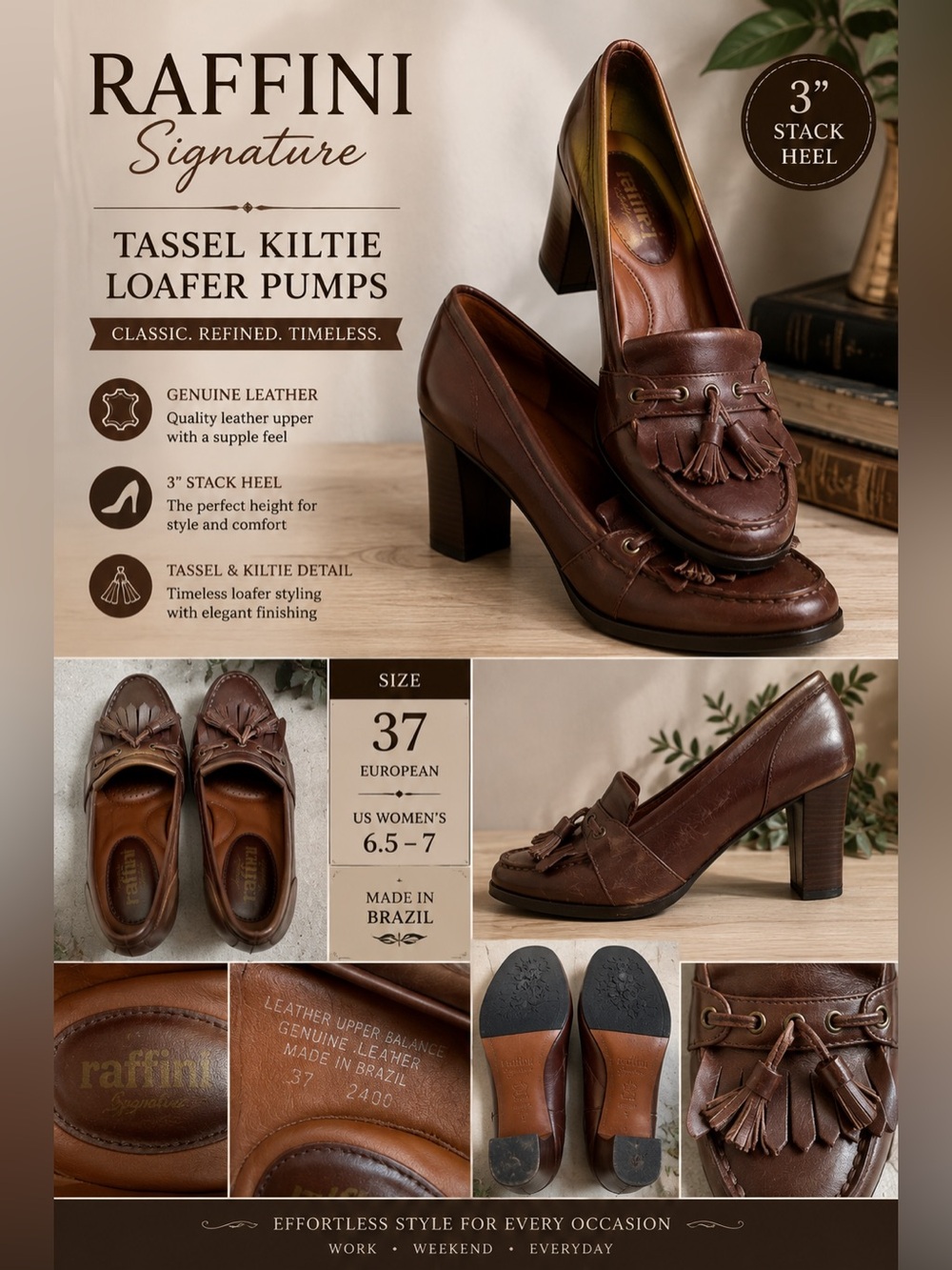 Raffini Signature Brown Leather Tassel Kiltie Loafer Pumps EU 37 US 6.5–7